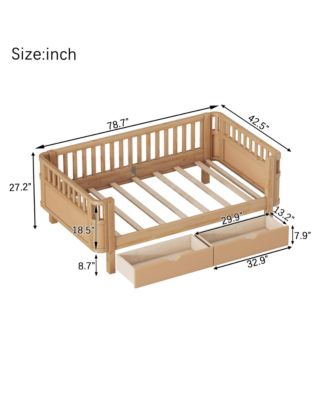 Twin Size Wood Platform Bed for Kids, Low Profile Twin Bed with 2 Wheeled Drawers & Rails