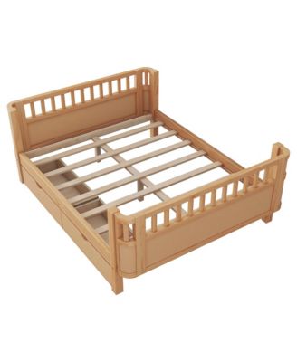 Full Size Wood Platform Bed for Kids, Low Profile Bed with 2 Wheeled Drawers & Rails