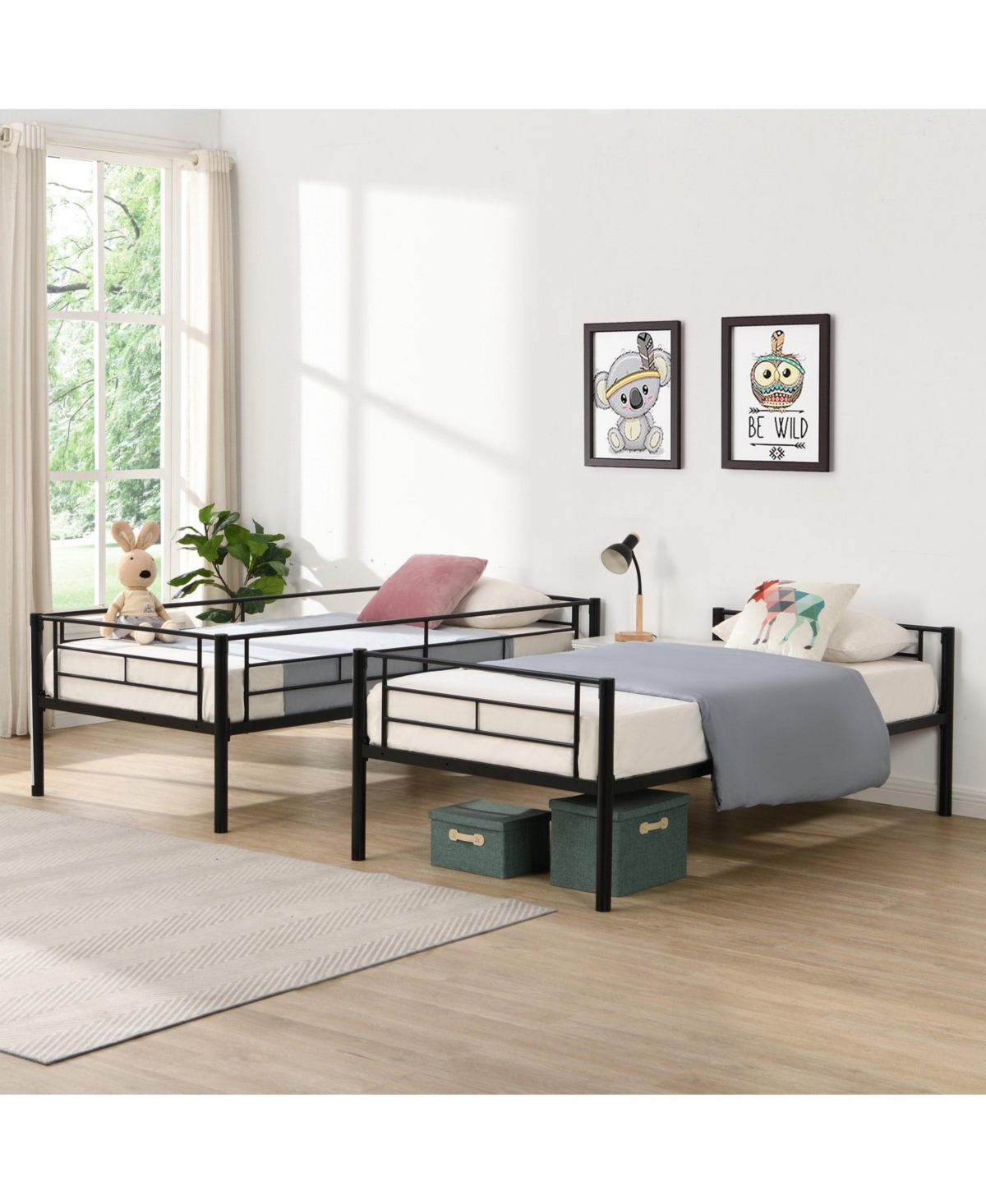 Boyel Living Twin Over Twin Metal Bunk Bed with Trundle, No Box Spring Needed, Easy Assemble