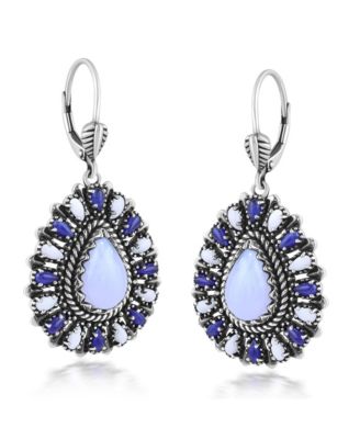 Sterling Silver Blue Lace Agate, Sodalite, and White Agate Cluster Pear Shaped Dangle Earrings