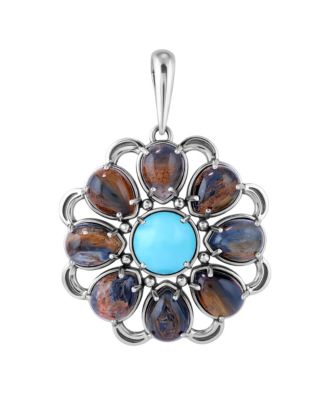 Sterling Silver Blue Pietersite and Kingman Turquoise Flower Pendant Enhancer