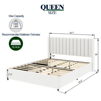Queen Size Ivory Boucle Platform Bed with Storage Drawers