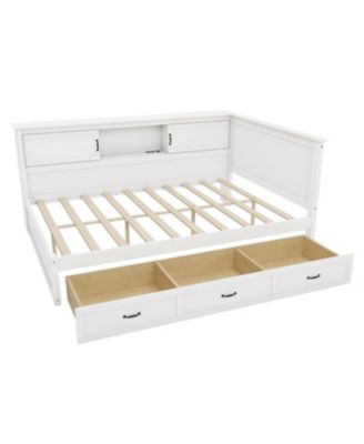  L-Shaped Bed Frame with Drawer, Bookcase, LED, USB - White, Full Size