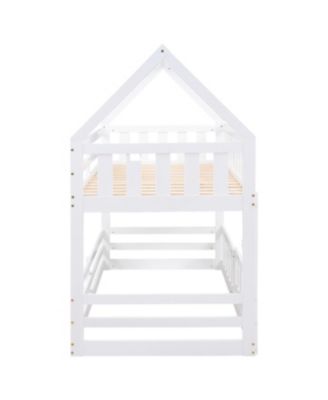 over Twin House Bunk Bed with Fence and Door, White