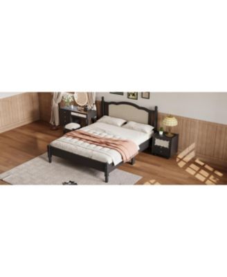 Queen Wooden Bed, Natural Rattan, Vintage