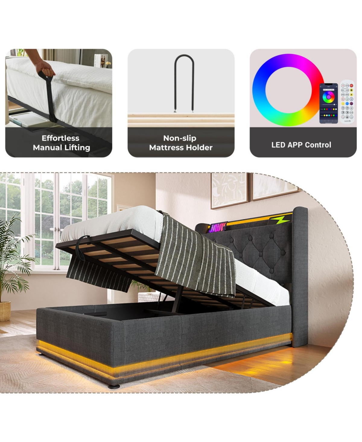 Streamdale Furniture Twin-Size Upholstered Led Bed with Hydraulic Storage