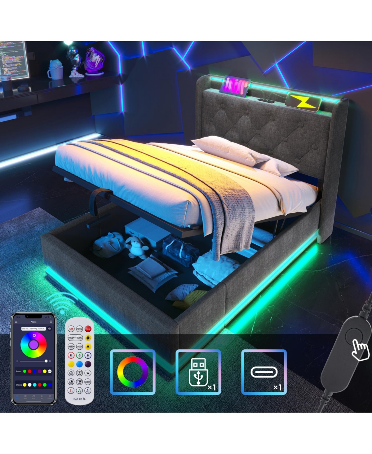 Streamdale Furniture Twin-Size Upholstered Led Bed with Hydraulic Storage