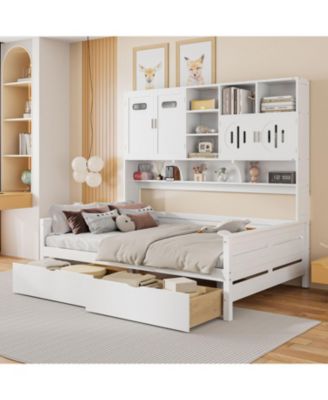 Wooden Daybed with Drawers, Cabinet, and Shelf
