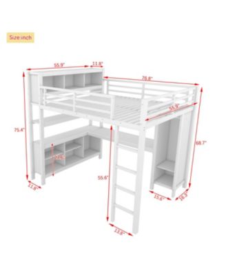 White Metal Loft Bed with Wardrobe, Desk & Storage