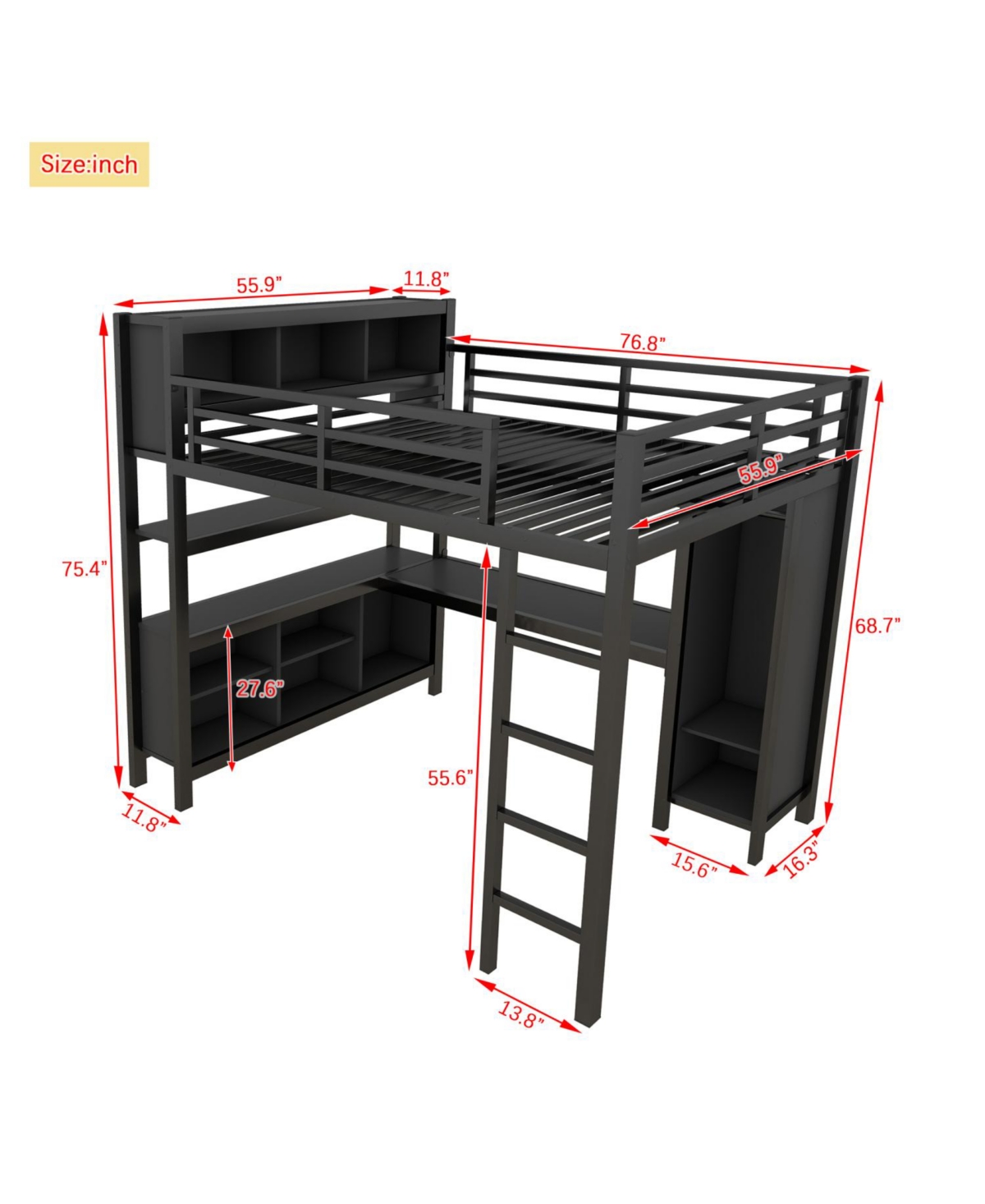 Streamdale Furniture Black Full Loft Bed Wardrobe, Desk & Storage