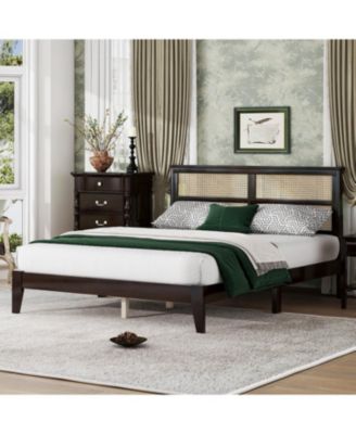 Queen Espresso Wood Bed Rattan Headboard
