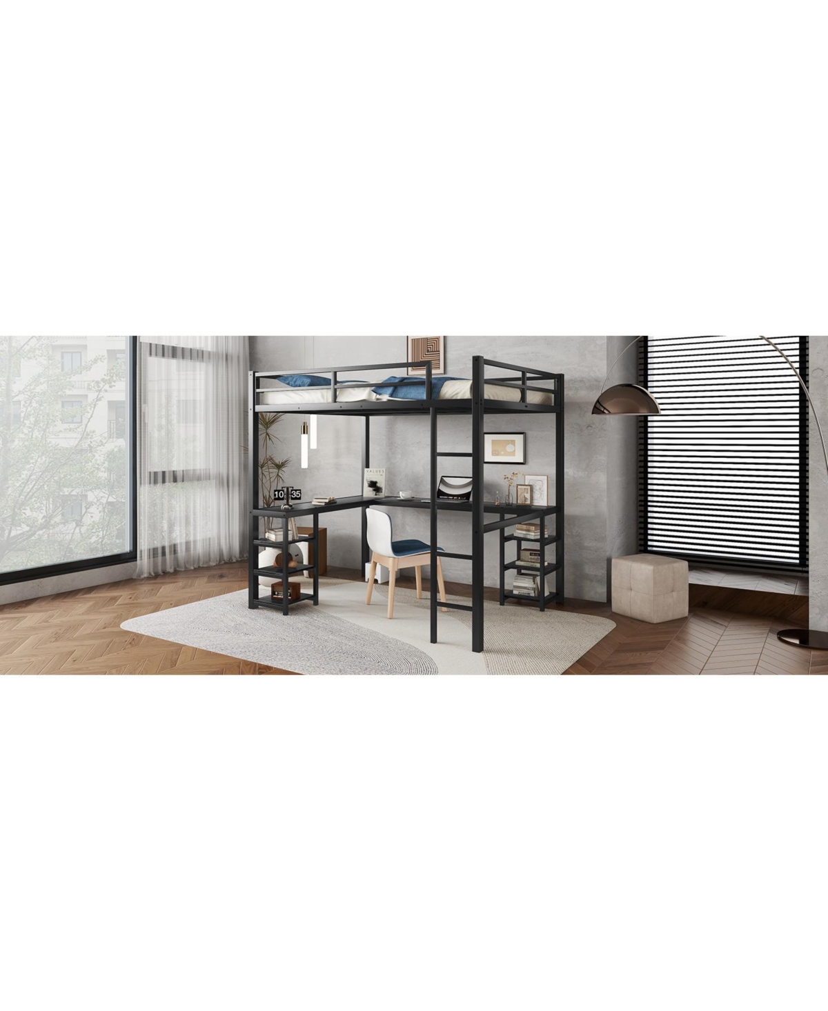 Streamdale Furniture Full Metal Loft Bed with Desk & Shelves