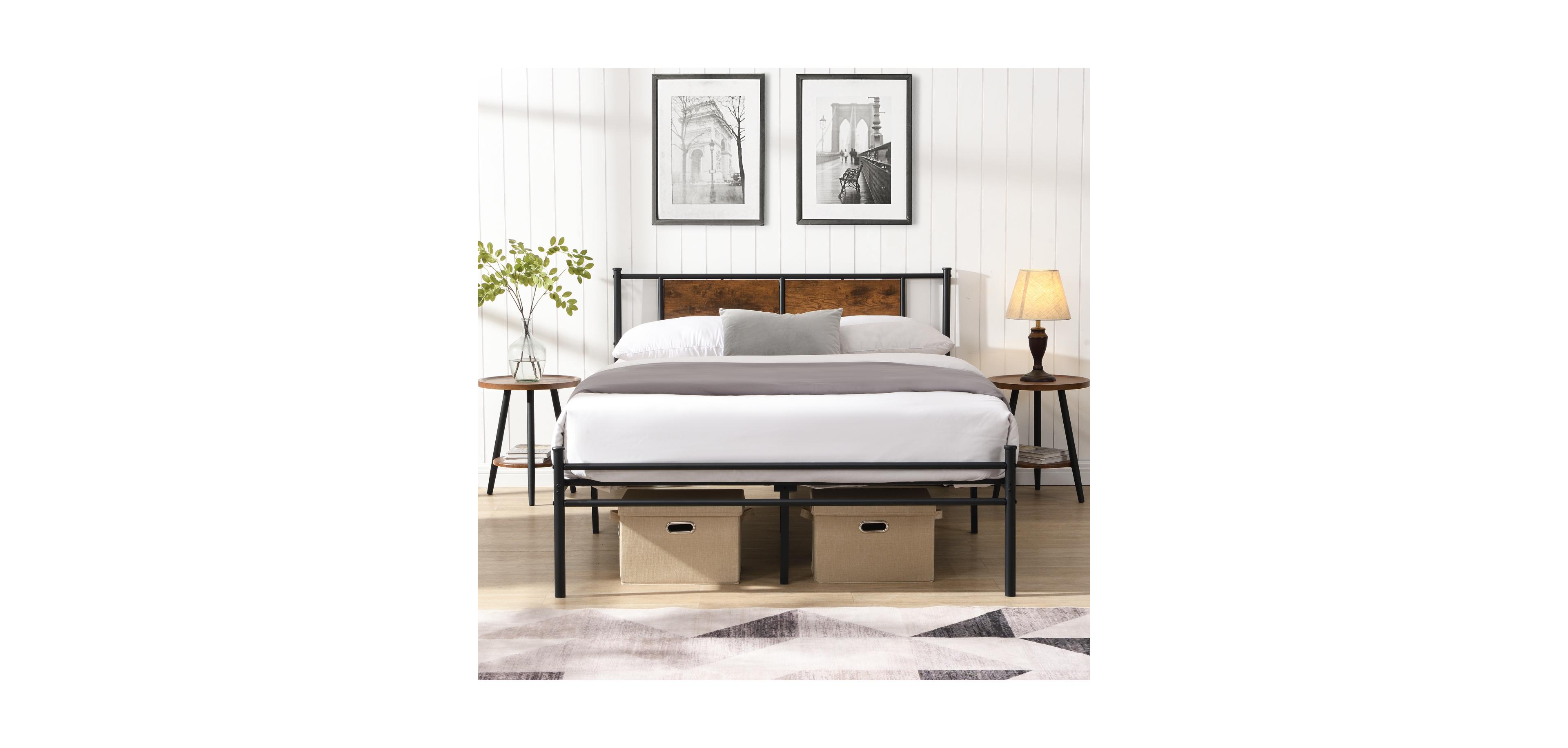 Streamdale Furniture Queen Size metal bedframe, Headboard with wood panel decoration