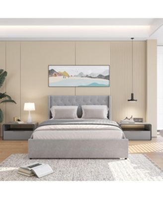  Queen Size Bed Frame with 4 Storage Drawers and Wingback Headboard, Button Tufted Design, Light Grey