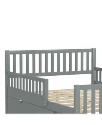 Full Size Wood Platform Bed with Guardrails on Both Sides and Two Storage Drawers, Gray