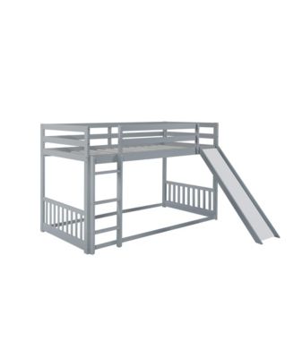 Twin Over Twin Floor Bunk Bed with Slide, Ladder, Door, Safety Guardrails, Solid Pine Wood Bunk Bed