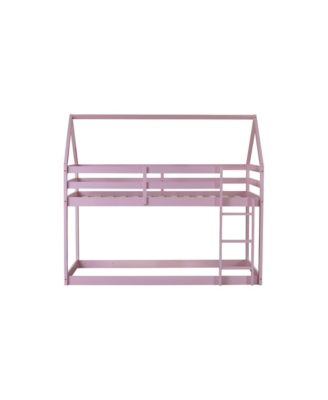 Twin over Twin Rubber Wood Floor Bunk Bed, with ladder,Guardrails,House-Shaped-Bunk Bed