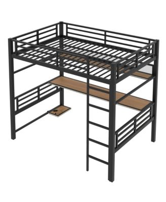 Full Size Metal Loft Bed Frame with Storage Shelf and LED Light,Iron mesh