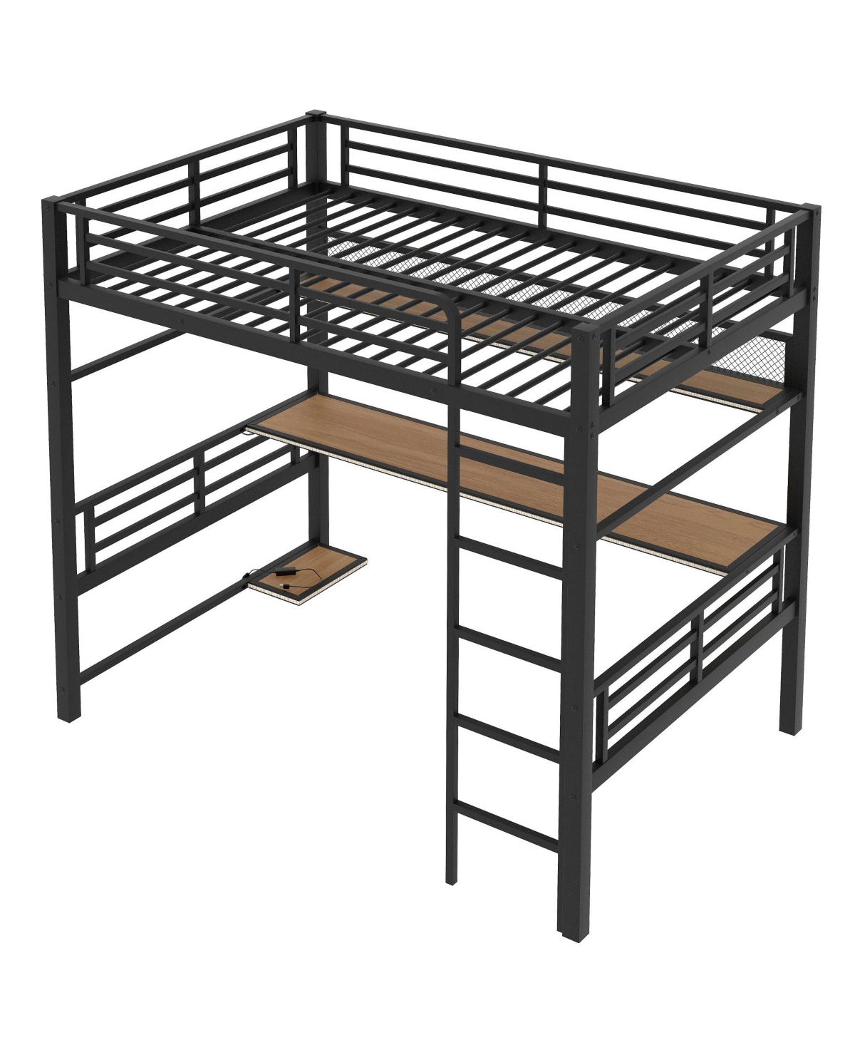 Streamdale Furniture Full Size Metal Loft Bed Frame with Storage Shelf and Led Light,Iron mesh