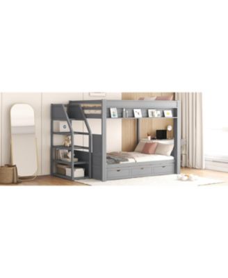 Wood Full Size Convertible Bunk Bed with Storage Staircase, Bedside Table, and 3 Drawers, White