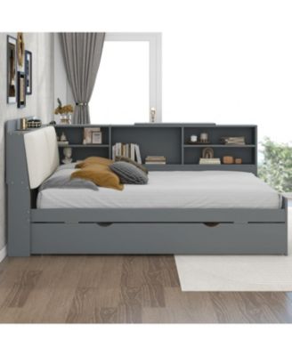 Wood Full Size platform bed with Trundle, Shelves and Storage Headboard
