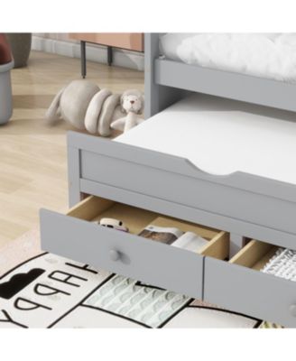 Twin Pine Wood Bed with Headboard, Footboard, Trundle, and Storage