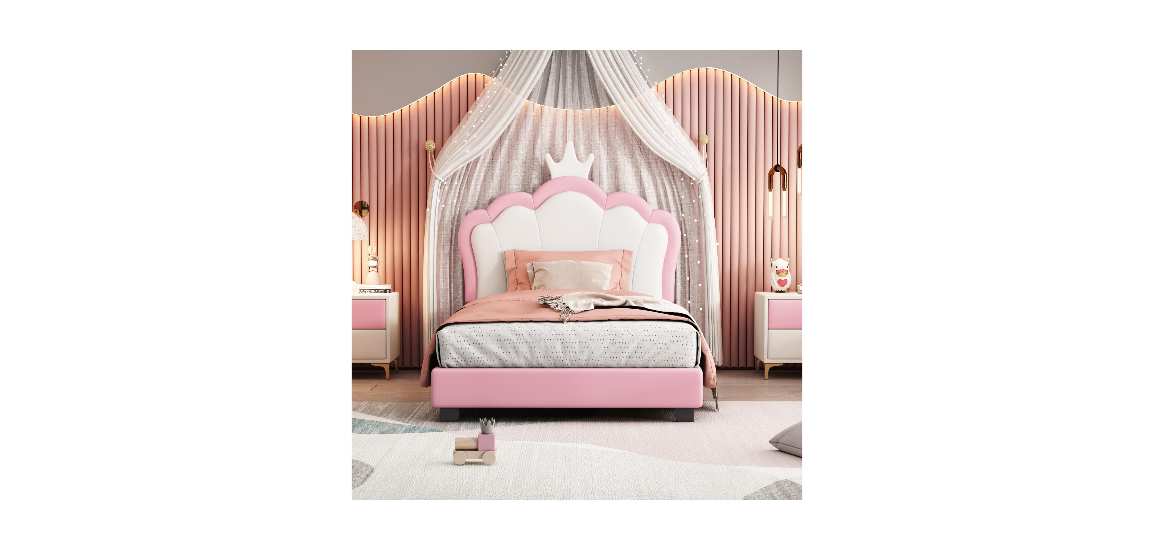 Streamdale Furniture Twin Upholstered Princess Bed with Crown Headboard,Twin Platform Headboard