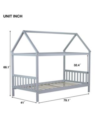  Twin House Bed with Headboard and Footboard, Twin Rubber Wood Bed with House Frame