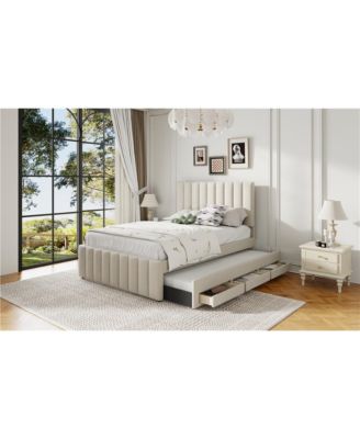  Full Size Upholstered Platform Bed with Twin Size Trundle and 3 Drawers, Linen Fabric, Beige