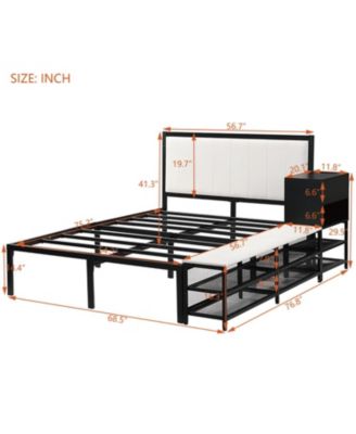 Metal Platform Bed with Two-Tier Storage Shelves, Wooden Storage Cabinet
