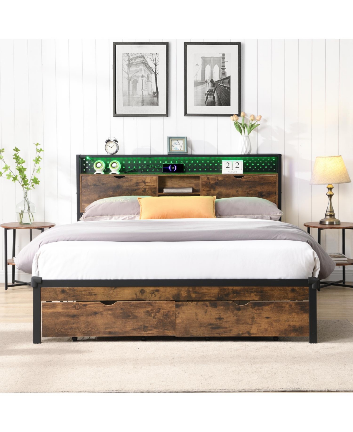 Streamdale Furniture Queen Metal Platform Bed Frame with Headboard, Led Lights, Storage, Usb Charger