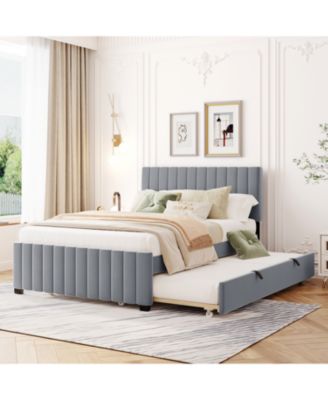 Full Size Velvet Upholstered Platform Bed with Twin Size Trundle