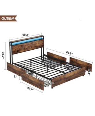 Queen Bed Frame w/ Charging Headboard, Noise-Free, No Box Spring