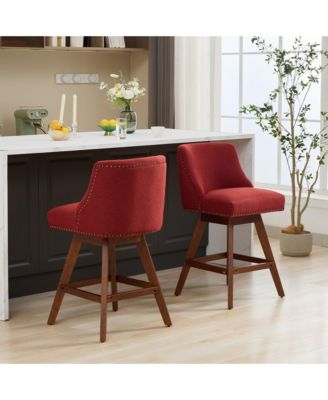 Counter Height Swivel Barstools, 26" H Seat Height Upholstered Bar Stools Set of 2, Fabric in Wine Red