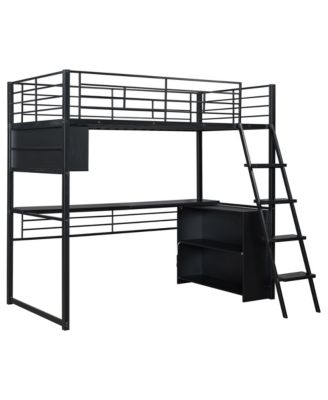 Metal Loft Bed with LED, Desk and 4 Storage Shelves,