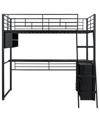 Metal Loft Bed with LED, Desk and 4 Storage Shelves,