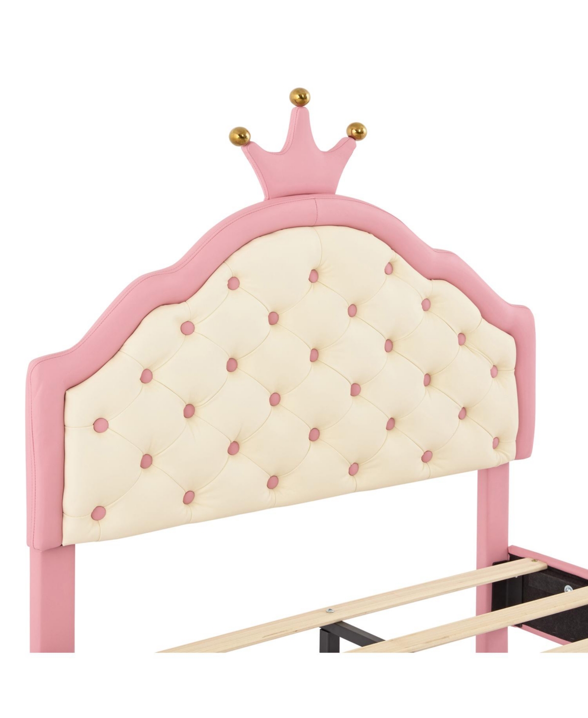 Streamdale Furniture Twin Size Lovely Crown Fantasy Pu Leather Princess Bed with Tufted Headboard, Pink+Cream