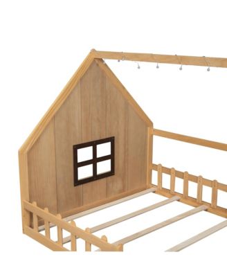Full Size Wood House Bed with Window and Fence.
