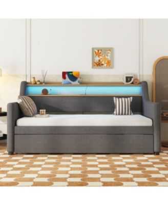 Twin Size Daybed with Trundle Bed, Upholstered Daybed with Charging Station and LED Lights