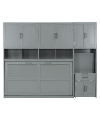  Twin Size Murphy Bed Wall Bed with Closet, Drawers & Desk-Gray