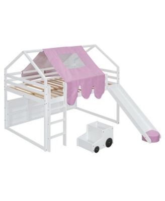 Wooden Loft Bed House-shaped Frame with a Tent