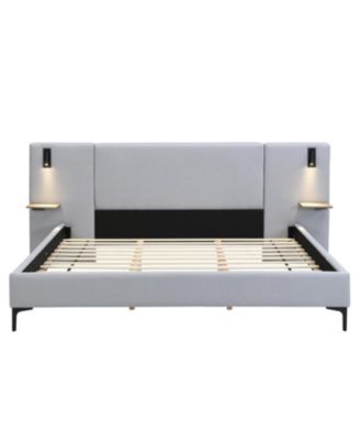 Chic Linen Upholstered Bed with Integrated Lights and Shelves King
