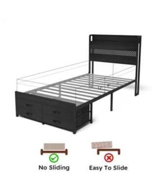 Twin Bed Frame with Storage Black Metal Platform