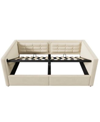 Upholstered Twin Daybed with Hydraulic Storage, USB Charging, Tufted Back, Beige Velvet