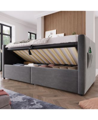  Upholstered Twin Daybed with Hydraulic Storage, USB Charging, Tufted Back, Gray Velvet