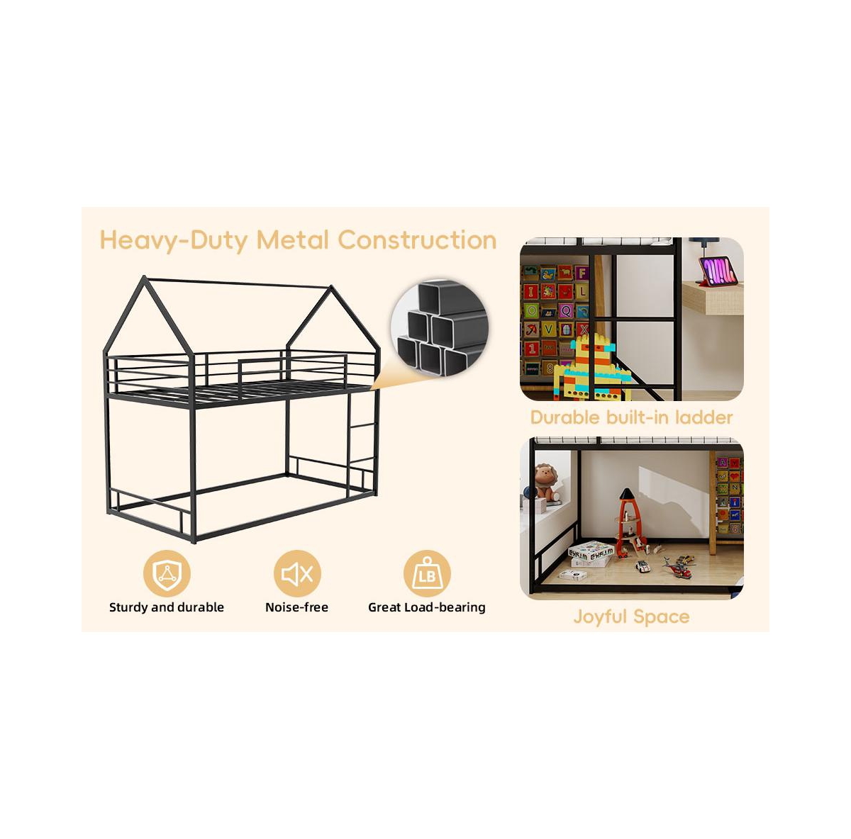 Streamdale Furniture Metal Twin Bunk Bed - Heavy Duty, Noise Reduced, Black