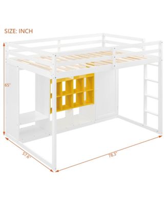 Full Size Wood Loft Bed with Wardrobe, shelves and Cabinet