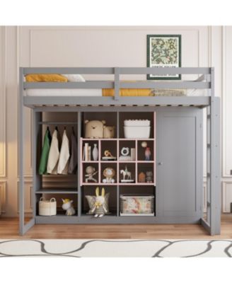Twin Size Wood Loft Bed with Wardrobe, shelves and Cabinet