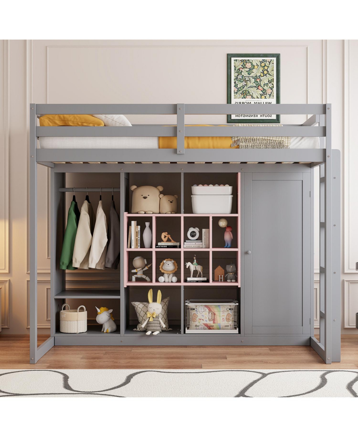 Streamdale Furniture Twin Size Wood Loft Bed with Wardrobe, shelves and Cabinet