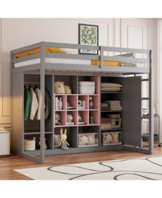 Twin Size Wood Loft Bed with Wardrobe, shelves and Cabinet